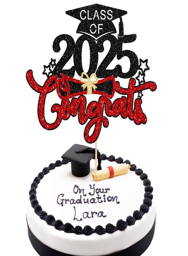 Ephlyn 1Pc Congrats Grad 2023 Cake Topper Red Glitter Diploma Graduation Cap Cake Pick Congrats Class of 2023 Cake Decorations for 2022 Graduation Theme High School Boys Girls Graduate Party Supplies - Image 1